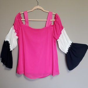 COCO BIANCO TRI-COLORED COLD SHOULDER BLOUSE